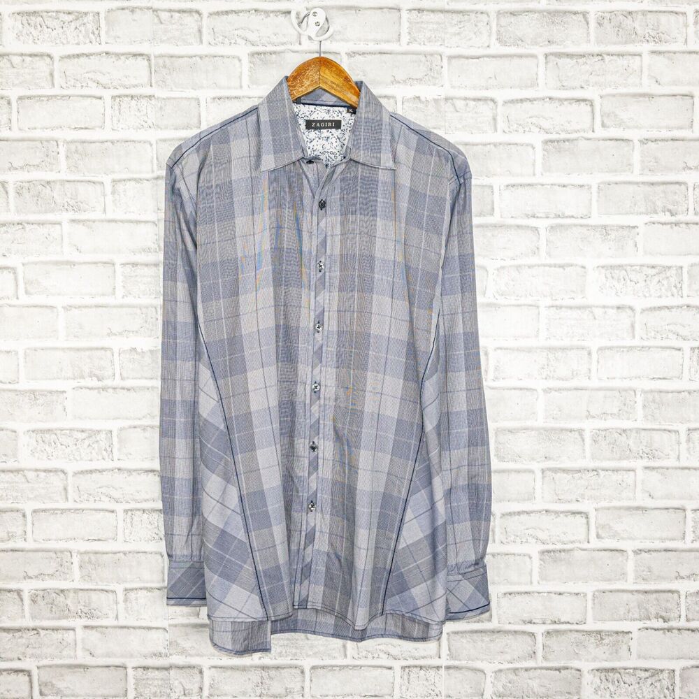 ZAGIRI  Button up Shirt Gray Plaid Check flip cuff Size XL